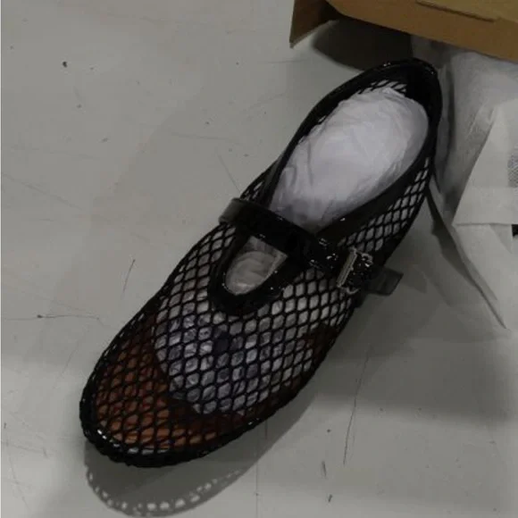 Aurielle Black Mesh Mary Jane Flats with Buckle Strap - Picture 2 of 5